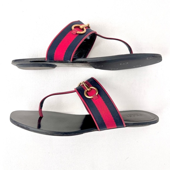 GUCCI || Horsebit Red Blue Web Stripe Black Leather Thong Sandal Flat EU 39 US 9 - Picture 11 of 15